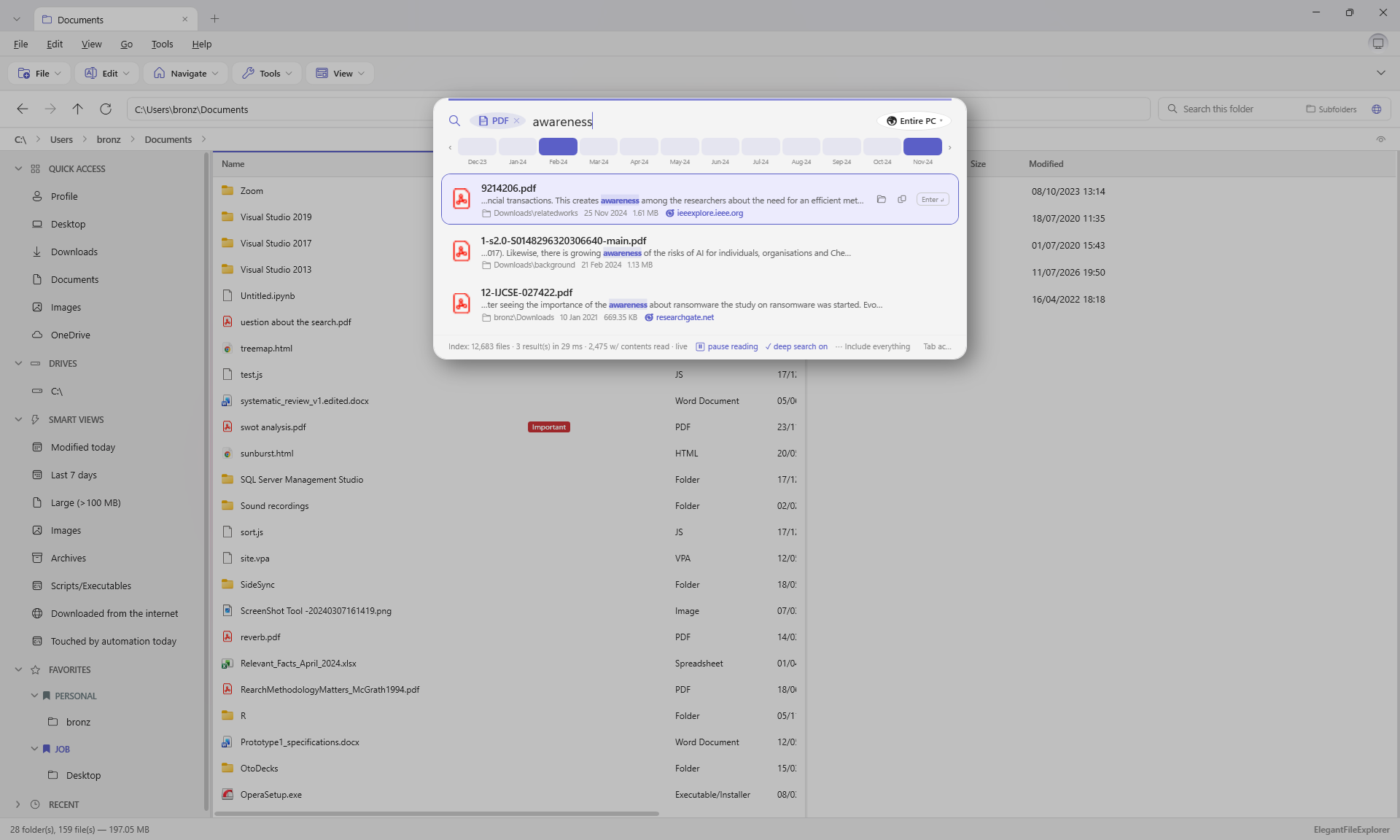 The Finder open in the light theme: a type pill, a month timeline, highlighted snippets inside documents, and each download's origin
