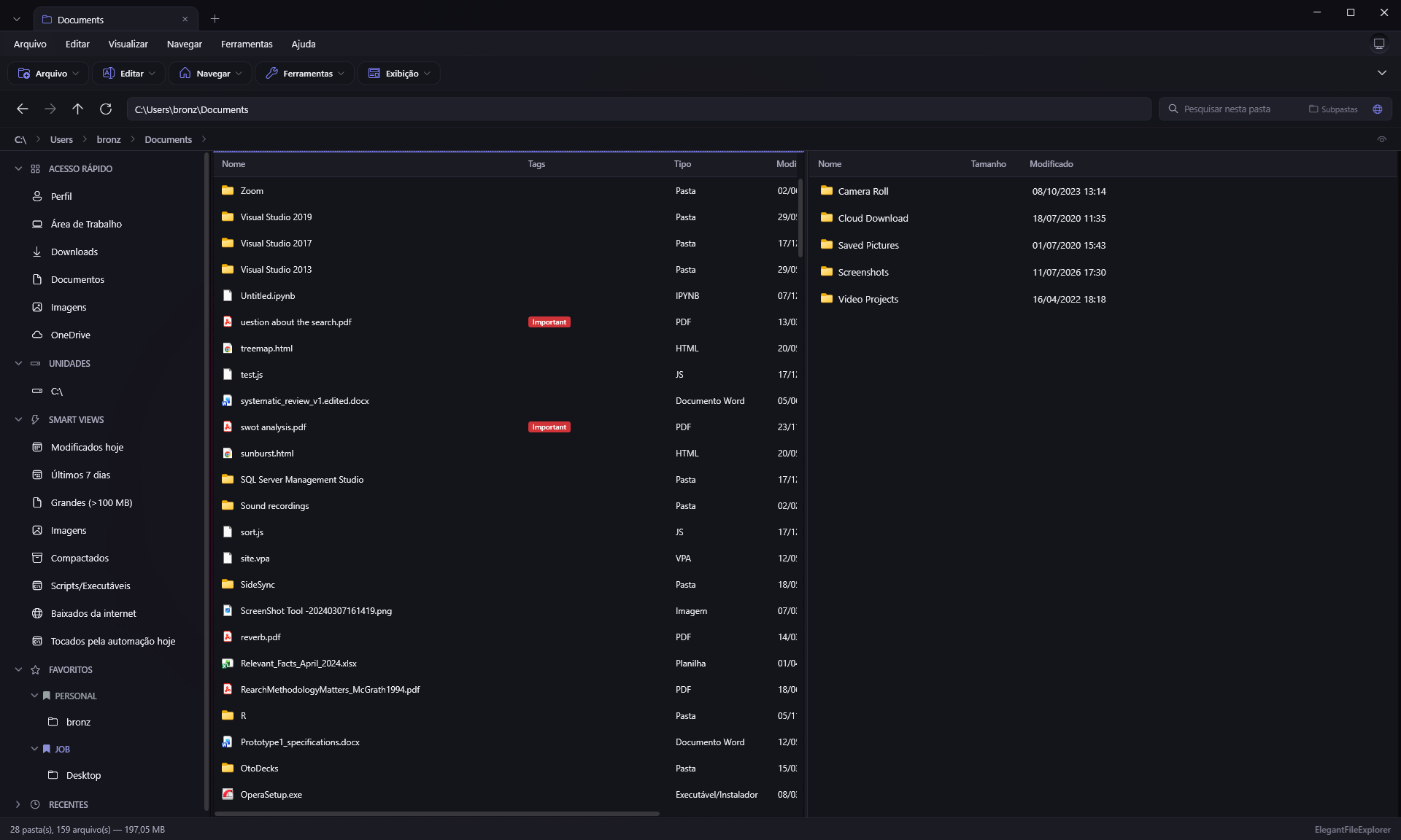 Janela principal do Elegant File Explorer: abas, Smart Views na lateral, coluna de Tags e prévia de PDF