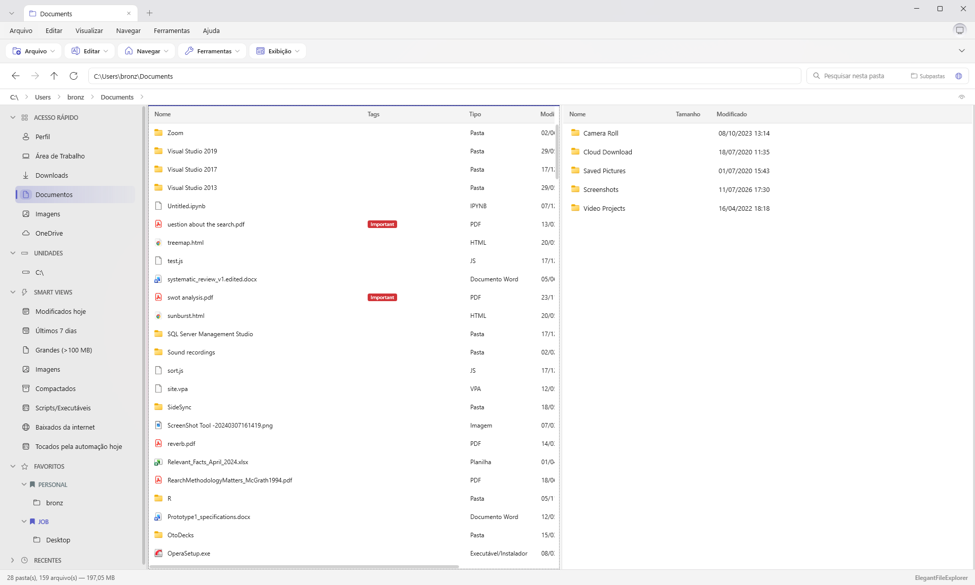 Janela principal do Elegant File Explorer: abas, Smart Views na lateral, coluna de Tags e prévia de PDF
