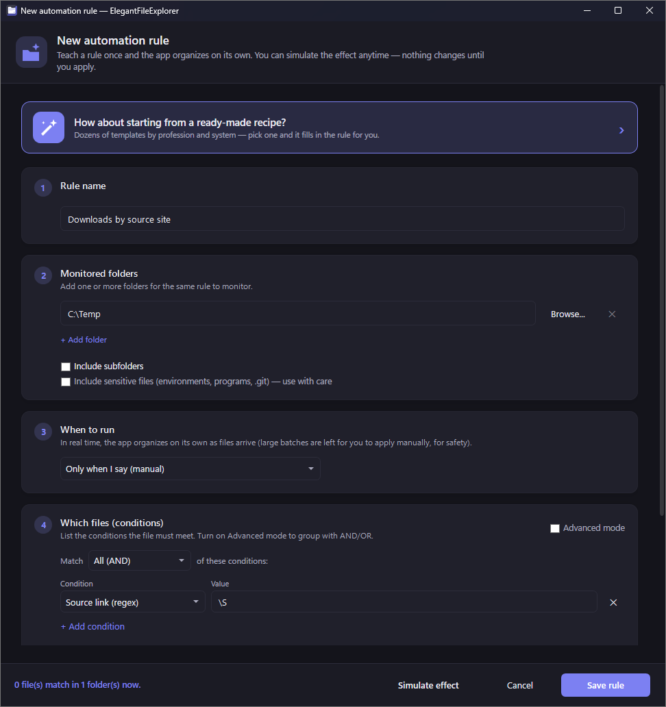 Automation rule wizard: rule name, the Downloads folder as monitored, the real-time trigger, an Extension-is condition, and a Move-to action