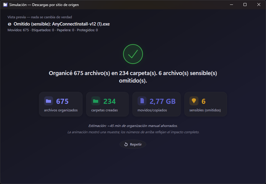 Ventana de Simulación: una vista previa que no cambia nada de verdad — 675 archivos organizados en 234 carpetas y 45 minutos de orden ahorrados
