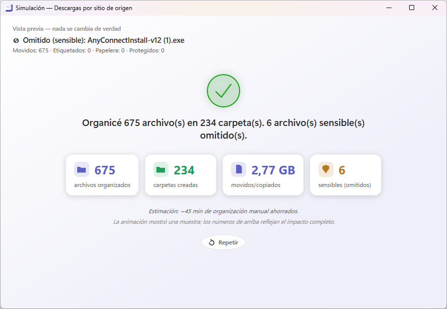 Ventana de Simulación: una vista previa que no cambia nada de verdad — 675 archivos organizados en 234 carpetas y 45 minutos de orden ahorrados