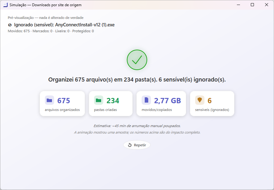 Janela de Simulação: pré-visualização que não altera nada de verdade — 675 arquivos organizados em 234 pastas e 45 minutos de arrumação poupados