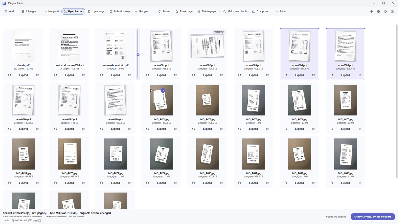 Elegant Paper: desk with thumbnails of PDF pages and photos, a scissors mark between documents and the result bar at the bottom
