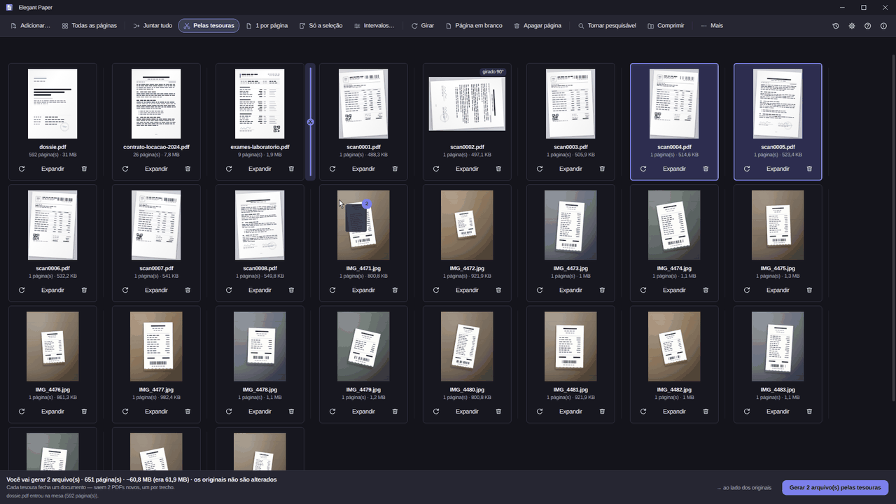 Elegant Paper: mesa com miniaturas de PDFs e fotos, marca de tesoura entre documentos e a barra de resultado embaixo