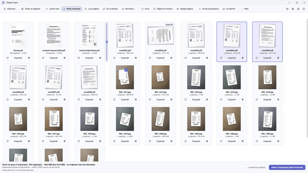Elegant Paper: mesa com miniaturas de PDFs e fotos, marca de tesoura entre documentos e a barra de resultado embaixo