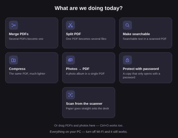 Elegant Paper start screen with the jobs Merge PDFs, Make searchable, Compress, Photos → PDF and Protect with password