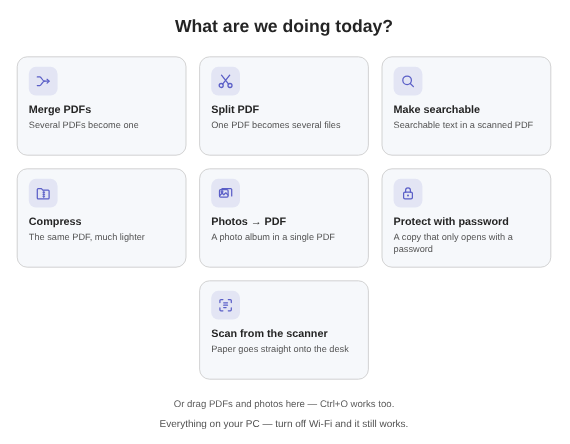 Elegant Paper start screen with the jobs Merge PDFs, Make searchable, Compress, Photos → PDF and Protect with password