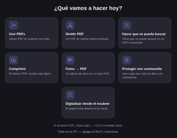 Pantalla inicial de Elegant Paper con las tareas Unir PDFs, Hacer que se pueda buscar, Comprimir, Fotos → PDF y Proteger con contraseña