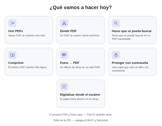Pantalla inicial de Elegant Paper con las tareas Unir PDFs, Hacer que se pueda buscar, Comprimir, Fotos → PDF y Proteger con contraseña