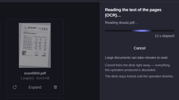 Elegant Paper reading the text of the pages with OCR, showing a progress bar and a Cancel button