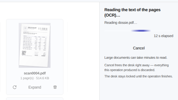 Elegant Paper reading the text of the pages with OCR, showing a progress bar and a Cancel button