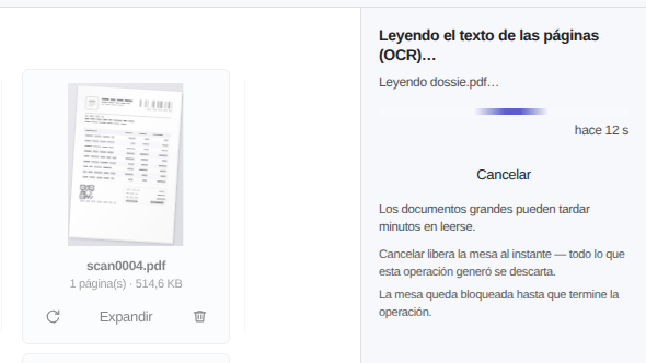 Elegant Paper leyendo el texto de las páginas con OCR, con barra de progreso y botón Cancelar