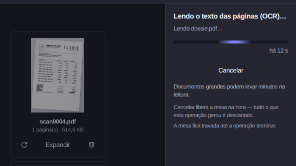 Elegant Paper lendo o texto das páginas com OCR, com barra de progresso e botão Cancelar