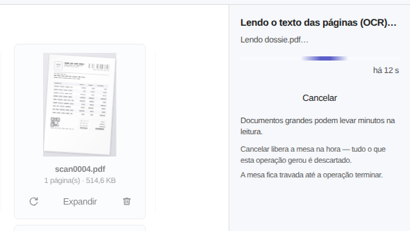 Elegant Paper lendo o texto das páginas com OCR, com barra de progresso e botão Cancelar