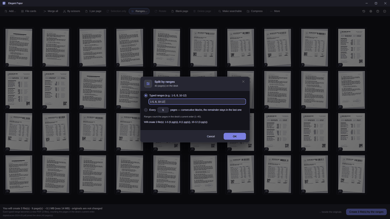Elegant Paper split-by-ranges dialog, with the field 1-5, 8, 10-12 and the preview saying it will create 3 files