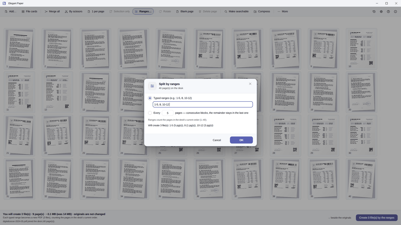 Elegant Paper split-by-ranges dialog, with the field 1-5, 8, 10-12 and the preview saying it will create 3 files