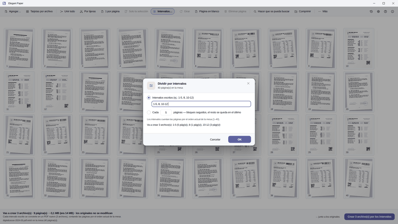Diálogo Dividir por intervalos de Elegant Paper, con el campo 1-5, 8, 10-12 y la vista previa diciendo que creará 3 archivos