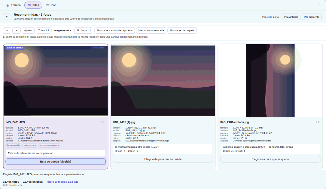 Comparador de Elegant Photo Cleaner: tres copias de la misma foto una al lado de la otra con zoom sincronizado, cada una con su ficha de archivo — dimensiones, peso, fecha de captura, cámara, nitidez y ruta completa — y el motivo de estar en la pila