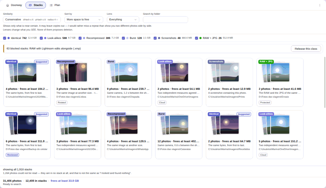 Elegant Photo Cleaner stacks screen: a grid of stacks, each card labelled Identical, Look-alikes, Recompressed, Burst, Screenshots or RAW + JPG, with how many photos it holds and how much space it frees