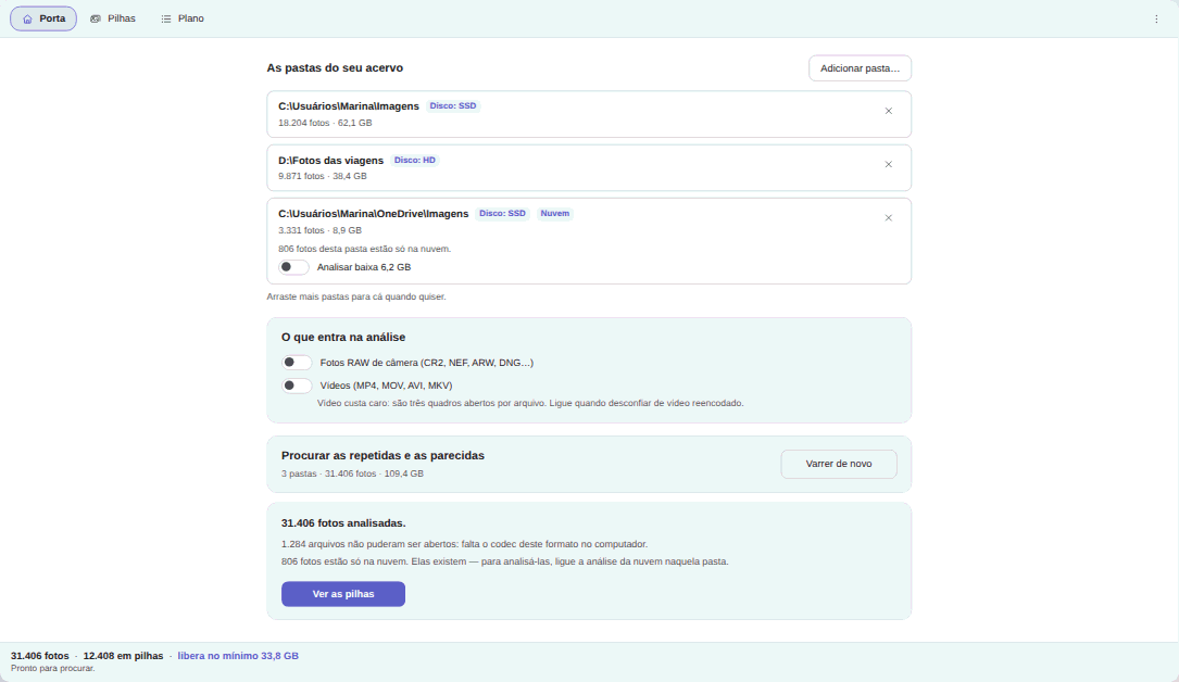 Porta do Elegant Photo Cleaner: as pastas do acervo com selos de SSD, HD e Nuvem, o cartão O que entra na análise com RAW e vídeo desligados, e a contagem de fotos analisadas