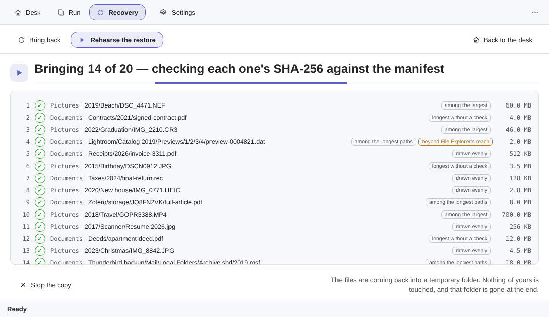 Elegant Vault rehearsal: the heading Bringing 14 of 20 — checking each one's SHA-256 against the manifest, then a numbered list of files with a green tick, the reason each one was drawn (among the largest, longest without a check, among the longest paths, drawn evenly) and its size, with one line marked beyond File Explorer's reach