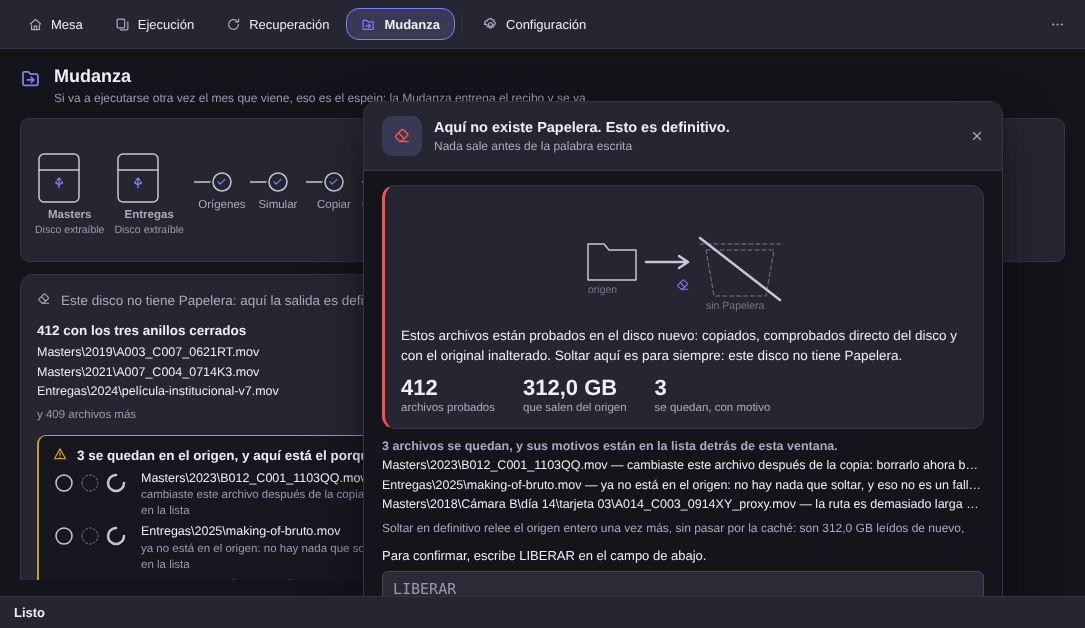 La última puerta de Elegant Vault en un disco sin Papelera: 412 archivos con los tres anillos cerrados, los 3 que se quedan en el origen con el motivo escrito junto a cada nombre, el aviso de que aquí no existe Papelera y esto es definitivo, y lo que la ruta todavía va a costar — 312,0 GB leídos de nuevo, una pasada completa más