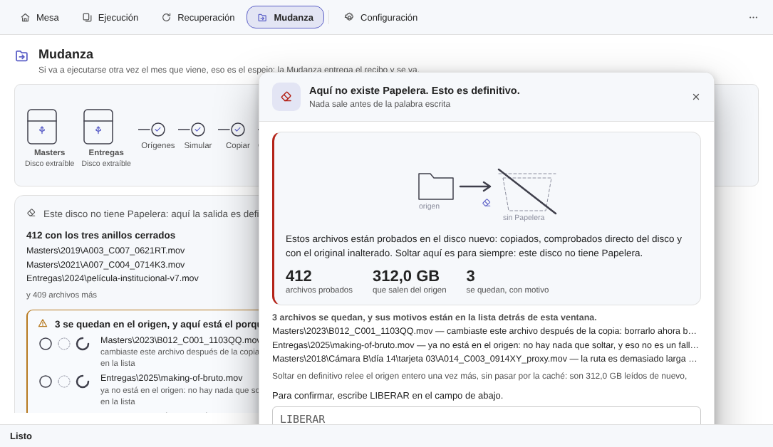 La última puerta de Elegant Vault en un disco sin Papelera: 412 archivos con los tres anillos cerrados, los 3 que se quedan en el origen con el motivo escrito junto a cada nombre, el aviso de que aquí no existe Papelera y esto es definitivo, y lo que la ruta todavía va a costar — 312,0 GB leídos de nuevo, una pasada completa más