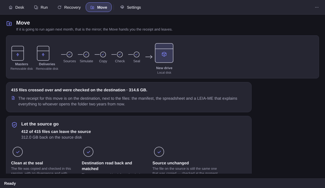The seal of a Move in Elegant Vault: 415 files crossed over and were checked on the destination, 314.6 GB, the Let the source go button showing 412 of 415 files can leave the source and 312.0 GB back on the source disk, and the three named rings — Clean at the seal; Destination read back and matched; Source unchanged