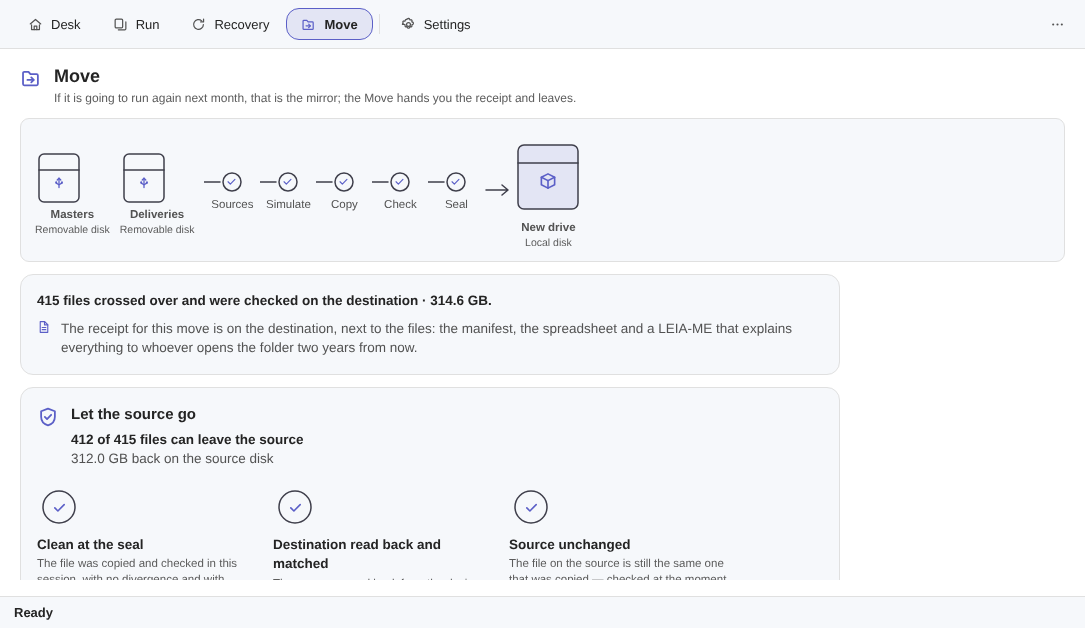 The seal of a Move in Elegant Vault: 415 files crossed over and were checked on the destination, 314.6 GB, the Let the source go button showing 412 of 415 files can leave the source and 312.0 GB back on the source disk, and the three named rings — Clean at the seal; Destination read back and matched; Source unchanged