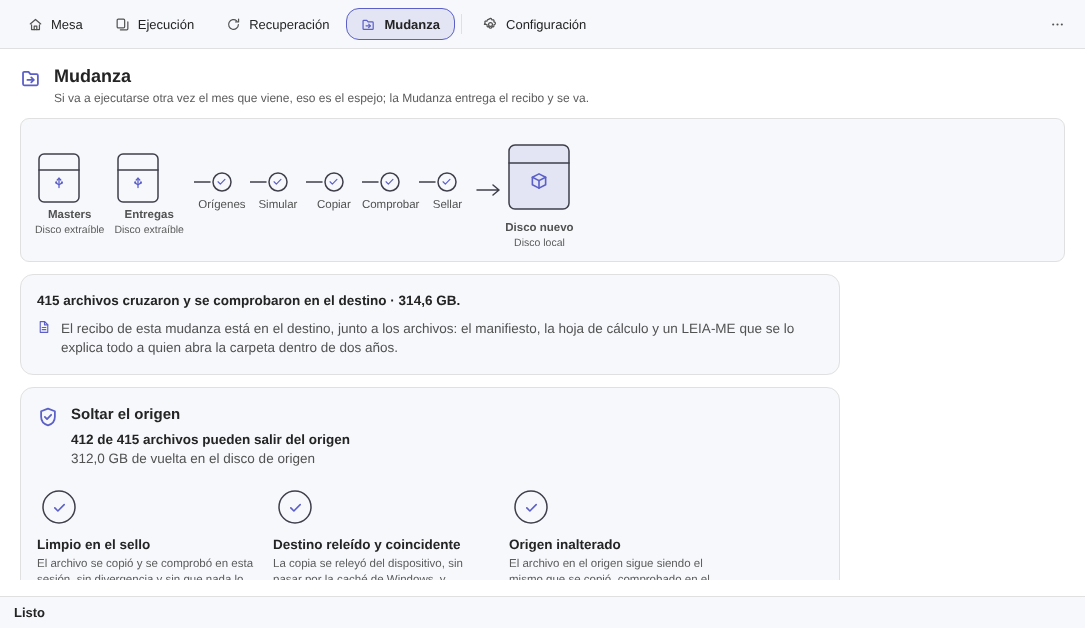El sello de una Mudanza en Elegant Vault: 415 archivos cruzaron y se comprobaron en el destino, 314,6 GB, el botón Soltar el origen con 412 de 415 archivos pueden salir del origen y 312,0 GB de vuelta en el disco de origen, y los tres anillos con nombre — Limpio en el sello; Destino releído y coincidente; Origen inalterado